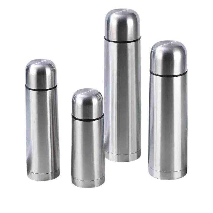 HOGARISIMO Termo de café para llevar- Botella térmica de acero inoxidable con doble pared. Termo para bebidas calientes o frias con tapón de seguridad con taza.Bote térmica acero inoxidable con Tapa de botón y vaso color Plata 350ML 500M,750ML,1000ML.