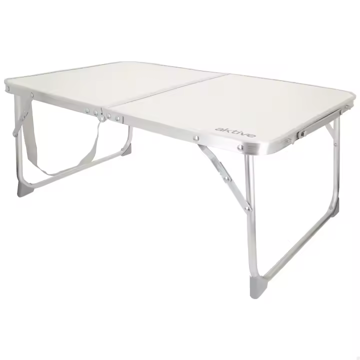 Aktive - Mesa baja plegable camping, color crema, 60x40x25 cm, patas y tablero plegables, máx. 20 kg, aluminio y madera MDF, antideslizante, antivuelco, plegado compacto, mesa portátil, resistente y duradera, cierre de seguridad, asa de hombro y de mano - 1