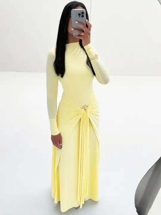 Vestido Maxi De Plisado Con Lentejuelas Sisterlinda Elegante Y Elegante Para Mujer Con Mangas Largas Cuello Redondo Ajustado Largo Para Noche Y Moda Casual - 1
