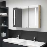 vidaXL Mueble de baño con espejo LED color 89x14x62 cm en color Roble/Blanco brillo/Gris hormigón y más | almacenamiento funcional diseño moderno para baño dormitorio sala - details 5