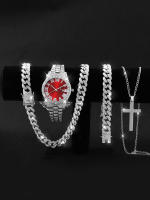 Reloj De Cuarzo Para Hombre Con Calendario Y Correa De Cadena Cubana Y Collar De Cruz 4pcs Diamante Completo Aleación Espejo - details 1