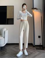 Pantalones De Trabajo Mujer Estilo Casual Cintura Alta Botones Talla Grande Color Caqui Largo Hasta El Tobillo Trasero Ancho - details 40