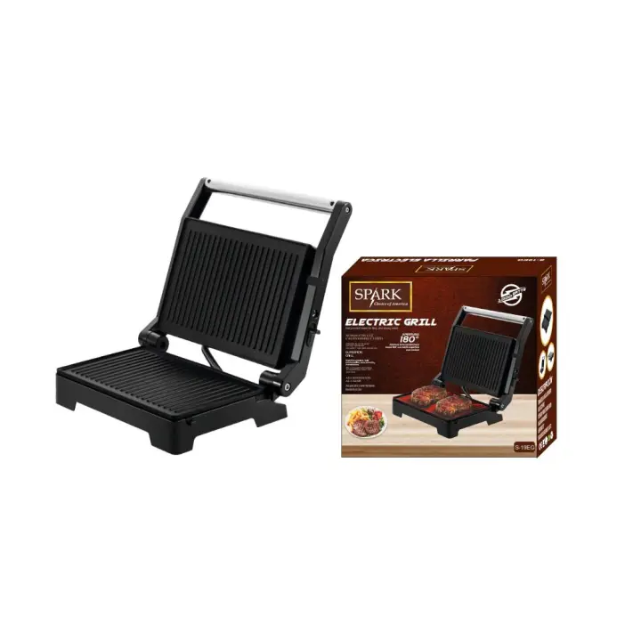 SPARK - PARRILLA ELÉCTRICA GRILL CON APERTURA DE 180º 1000W Parilla Barbacoa Eléctrica Para Sandwiches, Bacon, Hamburguesas, Filetes, Cortes, Pesca, Caza, Material Anti-Adherente - 1