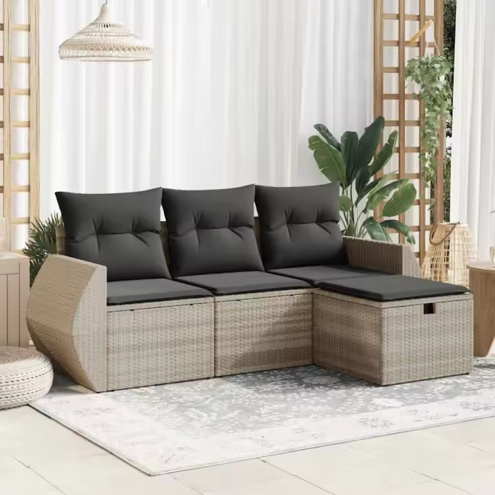 vidaXL Set de sofás de jardín 4 pzas y cojines ratán sintético gris - 1