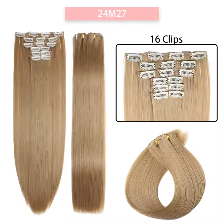 Extensiones De Cabello Sintético 24 Pulgadas 16 Clips Color Marrón Negro Estilo Recto Resistente Al Calor Peluca Falsa Para Mujeres - 1