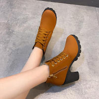 Botas De Tacón Alto Para Mujer 2023 Primavera Invierno Calidad Superior Con Cordones Modernas Europeanas PU Botines De Tacón Con Entrega Rápida - details 9