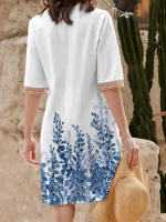 Vestido Corto Impreso Verano Con Cuello V Y Encaje Talla Grande Hasta La Rodilla Para Mujer Estilo Casual Polyester - details 22