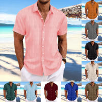 Camisa Casual De Hombre De Algodón Y Lino Con Rayas Jacquard Verano Cómoda Corta Color Sólido Moda Cierre Único Estilo Turn-down Collar - details 1