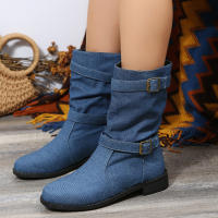 Botas De Motociclista Retro Para Mujer Talla Grande Punk Cowboy Con Hebilla Casual Moda Botas Hasta La Rodilla Material Denim Y Caña De Bote De Lona - details 2