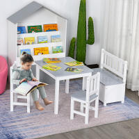 HOMCOM Conjunto de Mesa 2 Sillas y Banco para Niños de Madera con Espacio de Almacenamiento Muebles Infantiles para Sala de Juegos Habitación de Niños - details 1