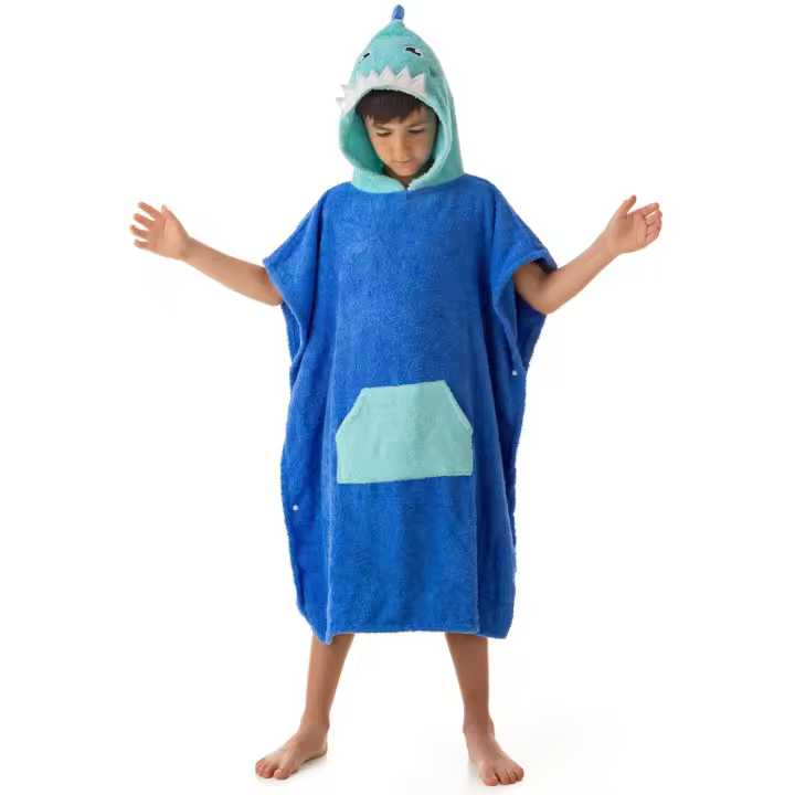 Poncho Toalla Infantil de Playa y Baño para Niños y Niñas Tejido 100% Algodón Natural Modelo Shark de Dhestia Home - 1