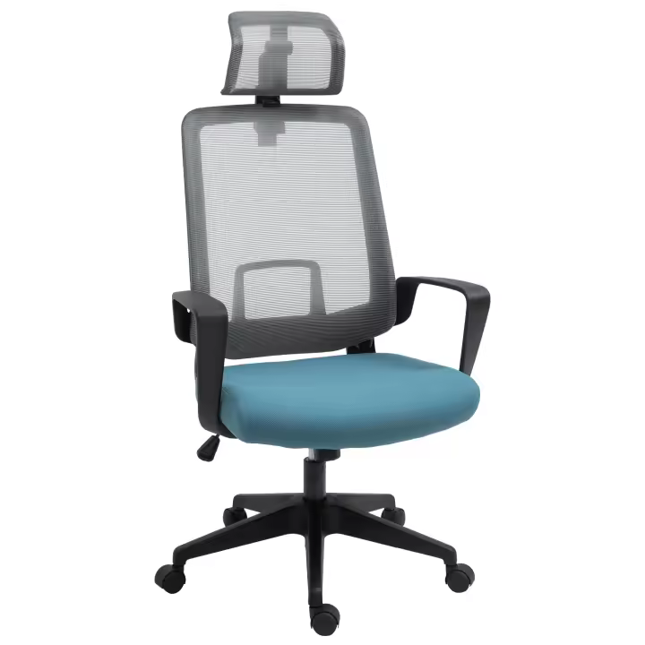 Vinsetto Silla de Oficina Ergonómica Silla Escritorio Giratoria con Altura Ajustable Soporte Lumbar Reposabrazos y Reposacabezas Regulable Malla Transpirable 63,5x63x116,5-125,5 cm Azul y Gris - 1
