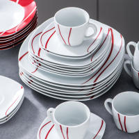 MALACASA-Serie Felisa-Juego 30 piezas de vajilla de porcelana para cena, conjunto de cena color blanco marfil con rayas rojas, con 6 piezas de tazas, ensaladera, platos de sopa, cena y postre - details 2