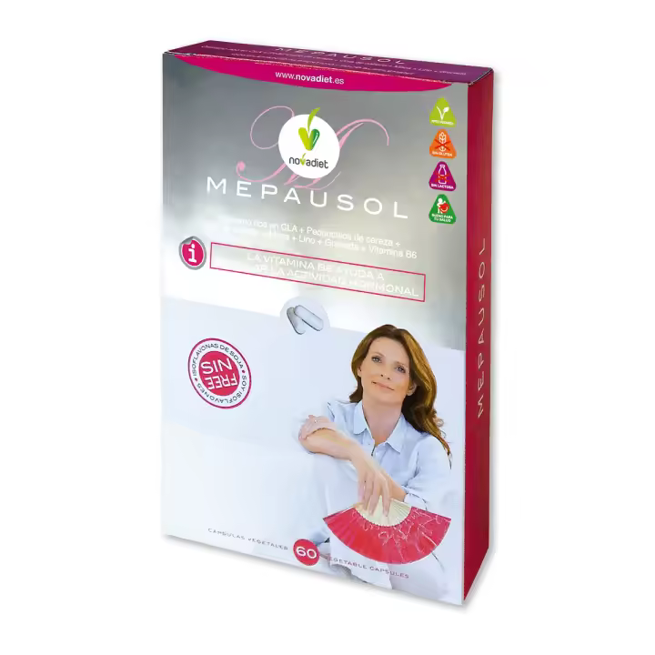 Novadiet MEPAUSOL 60 capsulas con Vitamina B6, Cártamo, Maca y Pedúnculos de Cereza - 1