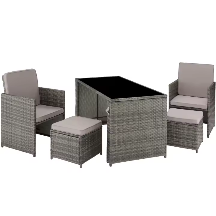 Tectake - Conjunto de ratán PALERMO | Cómodo conjunto de ratán con diseño funcional | Estable estructura de sólido acero con topes de plástico en las patas | Mesa con tablero extraíble de vidrio de seguridad y abrebotellas - 1