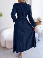 Vestido Largo Elegante Para Mujer Con Cuello En V Manga Larga Pleated Maxi Con Cinturón Estilo Casual De Pierna Larga - details 41