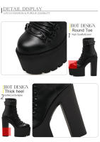 Botas De Motociclista Para Mujer Con Plataforma Y Tacón Alto Negras Con Hebilla Y Botón Lateral Estilo Punk Zapatos Con Cordones Material PU Y Caucho - details 3