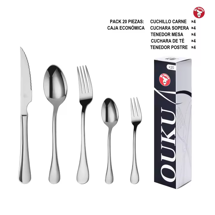 Mr.Spoon Serie Liso Juego 20, 30 o 36 piezas cubiertos,Acero Inoxidable 18/0,Plateado,Económico y funcional,Incluye cuchillo carne o mesa,tenedor,cuchara,cucharilla,etc.Mango monobloque,Apto para lavavajillas,Empaque ecológico,Para casa,hotel,restaurante - 1