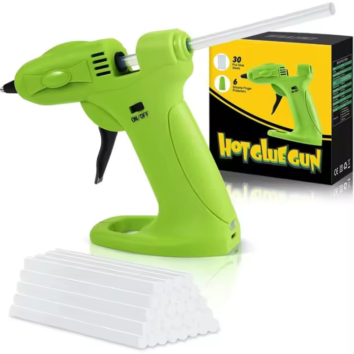 Pistola de Pegamento Caliente Inalámbrica de 30 W - Recargable por USB - Batería de 2600 mAh - Viene con 30 barras de pegamento de 7 mm y 6 fundas de silicona - Para bricolaje, escuela, reparación rápida - 1