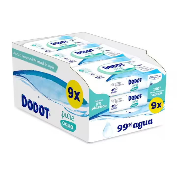 Toallitas Dodot Pure  Aqua 99% Agua 100% Fibras Vegetales - 432 Toallitas (9 X 48) - ¡Cuidado suave y natural para tu bebé en cada cambio de pañal! - 1