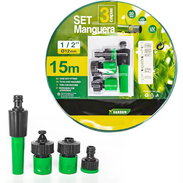 Manguera de Agua de Jardín Criscolor 1/2" Pulgadas(12mm) 15m - Set Manguera Reforzada 3 Capas - 1