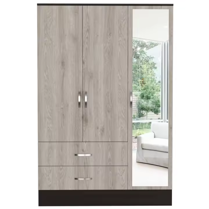TUHOME Armario con Espejo Bolton, 3 puertas y 2 cajones, Ceniza /Negro Madera manufacturada Dormitorio-Almacenamiento - 1