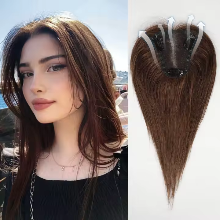 Extensiones De Cabello Humano 100% Remy Ash Gris Marrón 12 Pulgadas Recto Con Base De Encaje Para Mujeres Piezas De Cabello - 1