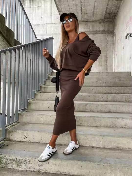  Conjunto De Vestido Y Sudadera Para Mujer 2 Piezas Color Sólido Casual Otoño Invierno Cuello En V Sin Mangas Bodycon Vestido - 1