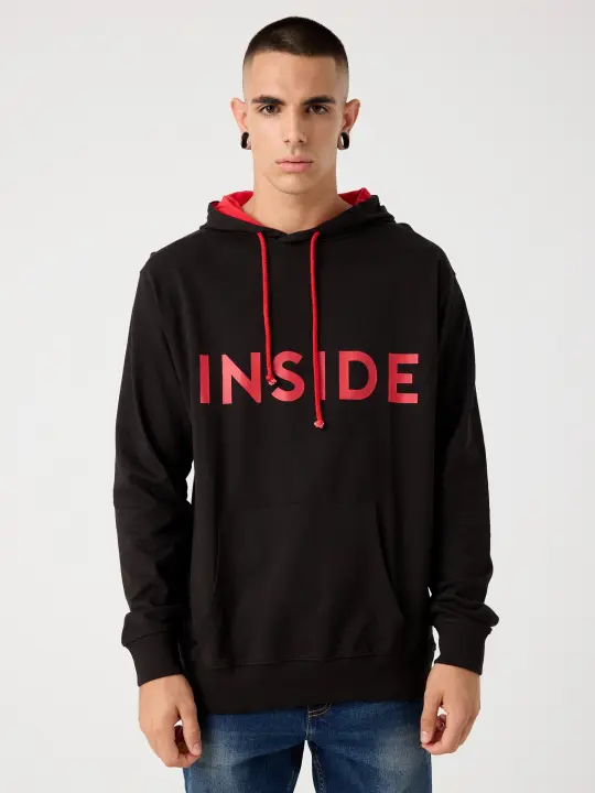 Sudadera regular de manga larga y cuello con capucha con bolsillo de canguro y estampado de la marca INSIDE - 1