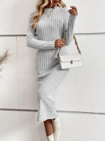 Vestido Midi De Cuello Redondo Para Mujer Elegante Y Moderno Con Ribbed Detalle En Glúteos Estilo Casual Polyester A-Line - details 5