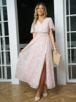 Vestido Maxi Casual Verano V Cuello Manga Batulada Cintura Alta Lace up Elegante Vestido Fluido Sin Mangas Para Mujer Abertura En Pierna Crosso - details 13