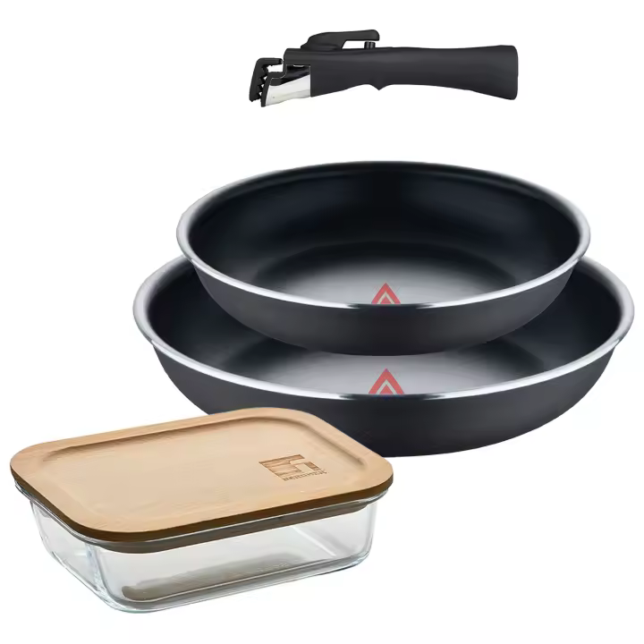 Bergner Click&Cook Juego de 2 Sartenes Ø22Ø26cm Aluminio prensado negro con Mango desmontable+Delantal de Cocina Gris oscuro 100% Algodón 75x80cm - 1