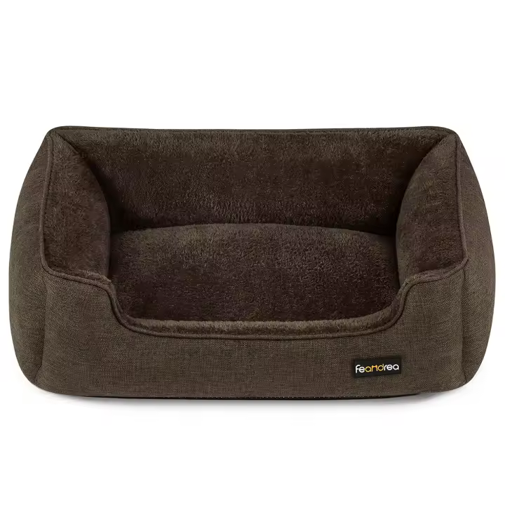 Feandrea Cama para Perros, Sofá de Lino para Mascotas, Bordes Elevados, Fondo Antideslizante, Funda Extraíble para Lavado, Tamaño M/L/XL, Marrón/Gris Claro - 1