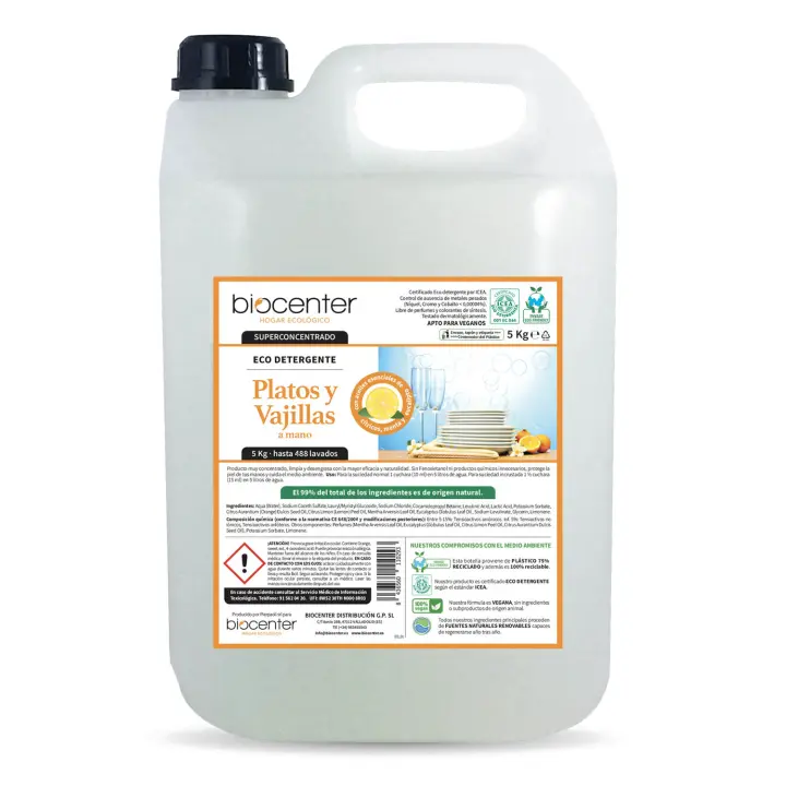 BIOCENTER - Lavavajillas a mano ecológico - Limón, Menta, Eucalipto - garrafa Ecofriendly de 5 Kg - 1