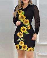 Vestido Elegante Para Mujer Otoño Largo De Manga Con Encaje Estampado Cuello En V Regular Polyester Jersey Florales Oficina Lady - details 4