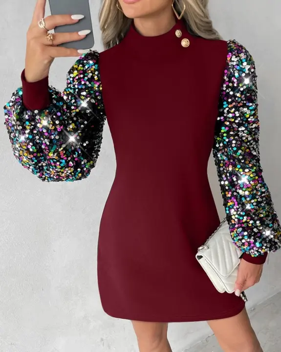 Vestido De Encaje Negro Para Mujer Elegante Otoño Primavera Manga Farol Cuello Redondo Casual Mini Vestido Fiesta Slim Fit Polyester - 1