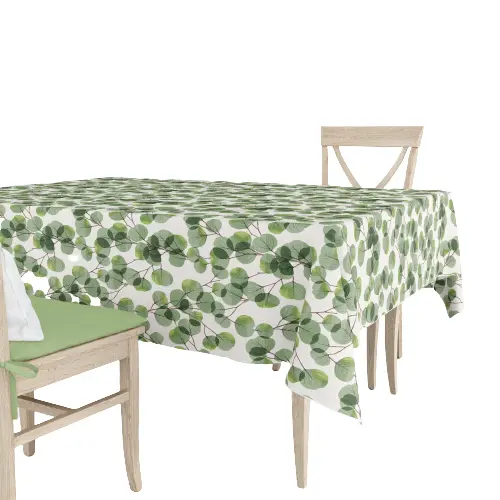 La fabrica de las telas-Mantel loneta algodón estampado hojas eucalipto.Color verde,lavable,decoración hogar cocina, salon,comedor. - 1