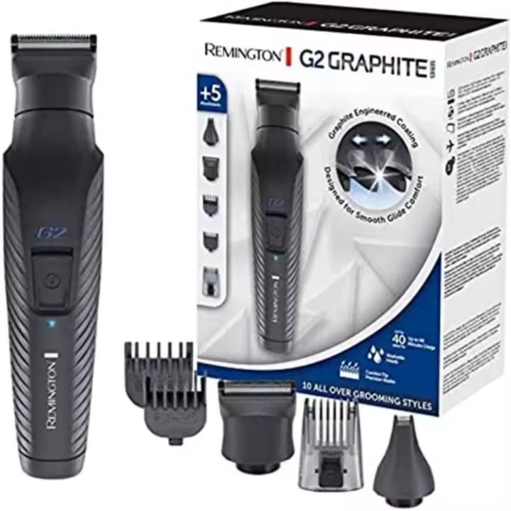 Remington Kit multifunción Graphite Series Personal Groomer PG2000 -cuchillas autoafilables, revestimiento de grafito, 5 cabezales, 3 peines , sin cable, autonomia 40 minutos, tiempo de carga completa 16h, indicador LED, funda - 1