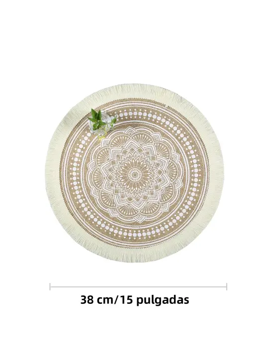 Mantelera Redonda De Lino Y Algodón Vintage Con Borlas De Jute Antideslizante Para Mesa Accesorios De Vaso Eco-amigable - 1
