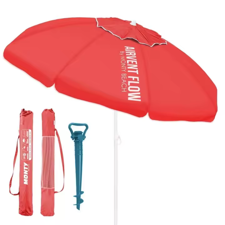 Sombrilla playa 220 cm y soporte arena, protección UV+50, sombrilla antiviento, varillas flexibles fibra vidrio, techo ventilación, mástil inclinable y regulable altura, bolsa transporte - 1