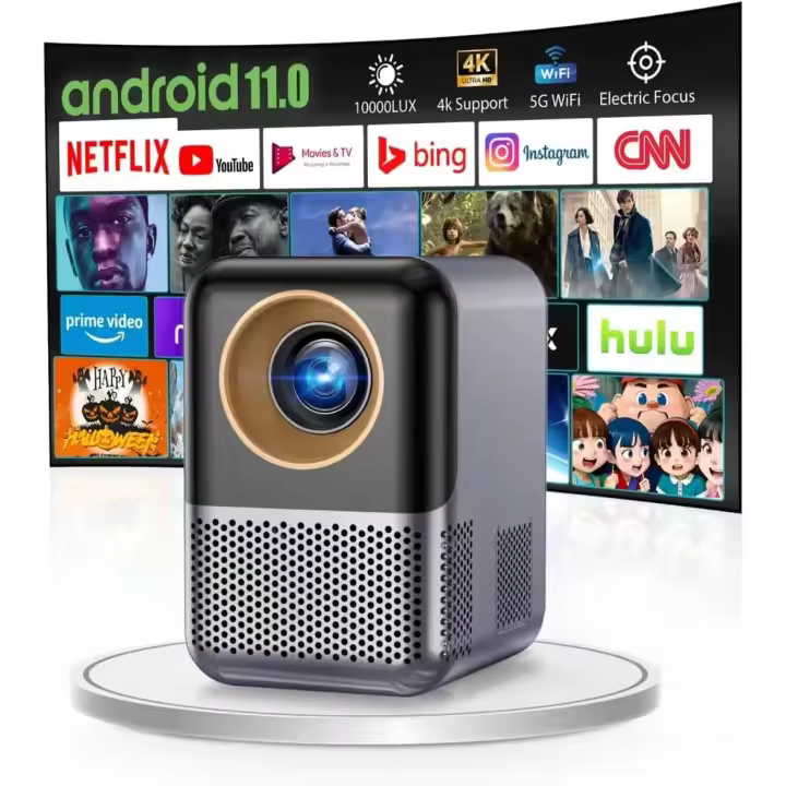 Videoprojektor Support 1080p [Electic Focus] Mini Portable Smart TV Proyector WiFi BT Built-in Netflix, Proyector de Cine en casa 350 ANSI Support 4K, 4D 4P Keystone, 50% Digital Zoom, Youtube - 1