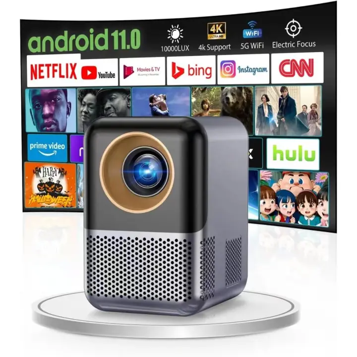 Videoprojektor Support 1080p [Electic Focus] Mini Portable Smart TV Proyector WiFi BT Built-in Netflix, Proyector de Cine en casa 350 ANSI Support 4K, 4D 4P Keystone, 50% Digital Zoom, Youtube - 1