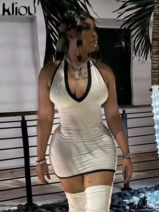Vestido Halter Para Mujer Kliou Clásico Panelado Ajustado Sin Espalda V-cuello Veraniego Ropa De Calle Delgado Streetwear - 1