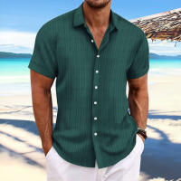 Camisa De Algodón Y Lino Para Hombre Verano 2024 Estilo Casual Con Rayas Jacquard Cuello V Corta Transpirable Y Ligera - details 8