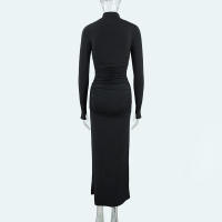 Vestido Largo De Otoño Para Mujer En Negro Con Cuello Alto Y Manga Larga Vestido Frock De Corte Slim Con Abertura Lateral Y Doblez En La Cintura - details 7