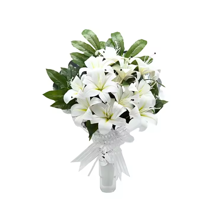 PLUSHOME Flores Artificiales: Elegancia Duradera: ramo Artificiales para Cementerio, Nichos y Sepulturas,Más de 30 Diseños tamaño aproximado 58x45cm,Botes con Liliums Artificiales. - 1