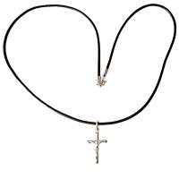 COLGANTE CRUZ Plata de Ley relieve de 25mm y cuero natural a 50 cm con Plata de Ley + bolsa de tela regalo - details 0