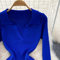 Vestido Largo A-Line Elegante De Cintura Alta Con Escote En V Para Mujer REALEFT Knitted Wrap Vestido De Poliéster Otoño Invierno - details 4