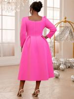 Vestido A-Line Elegante Para Mujer En Fuchsia Con Cuello Cuadrado Y Largas Mangas Con Lazo Vestido De Fiesta Para Invitadas De Boda Y Eventos Formales - details 3