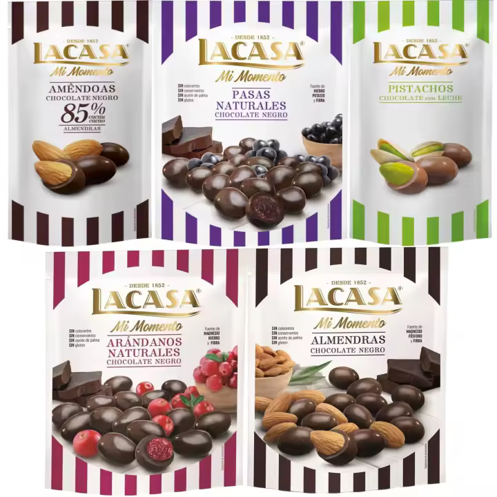 Lacasa Mi Momento pack de 5:Pistacho  Leche 50 G,Almendra 85% 65 G,Arándano  Negro 125 G,Pasas  Negro 150 G,Almendra  Negro 125 G - 1